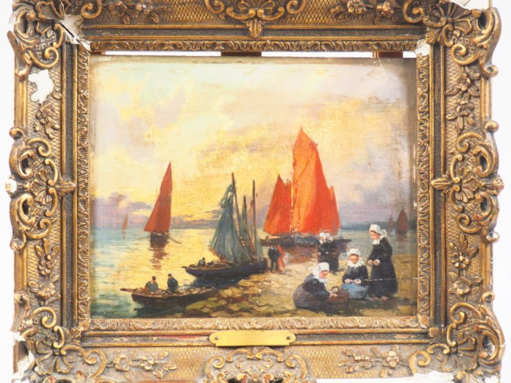 Henri Alphonse BARNOIN. "Retour de pêche".  Huile sur panneau, signée 