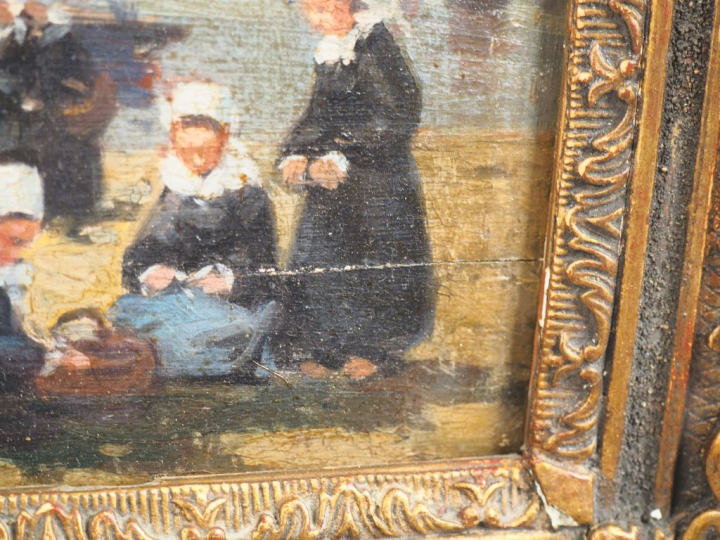 Henri Alphonse BARNOIN. "Retour de pêche".  Huile sur panneau, signée 