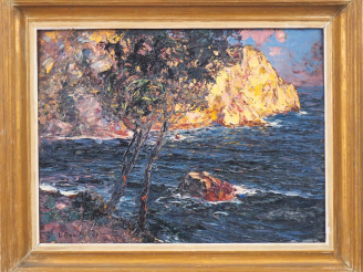Vente aux enchères Louis BONAMICI. "Côte rocheuse en méditerranée". Huile sur panneau, si