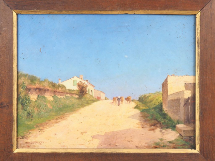 Louis DAREY. "Troupeau dans un village". Huile sur toile, signée en ba