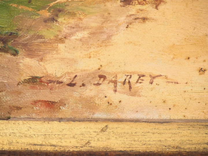Louis DAREY. "Troupeau dans un village". Huile sur toile, signée en ba