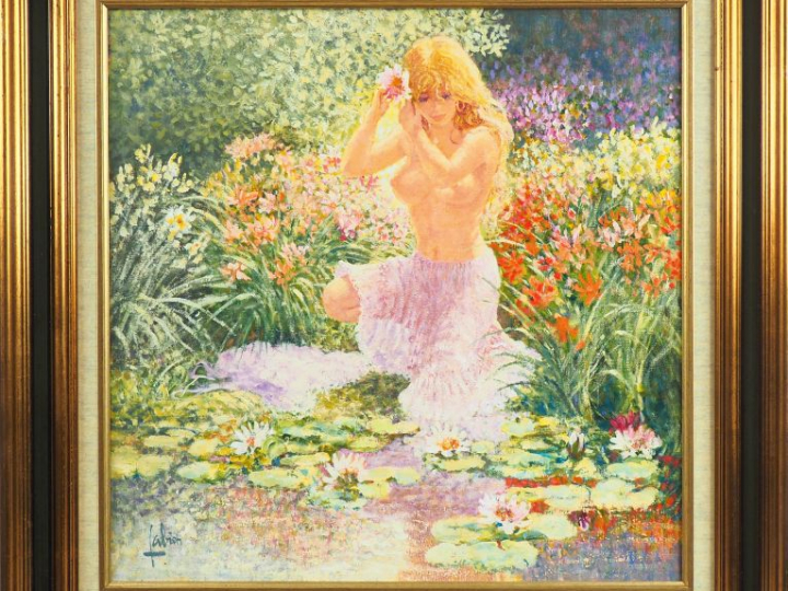 Louis FABIEN. "Belle aux nénuphars". Huile sur toile, signée en bas à 