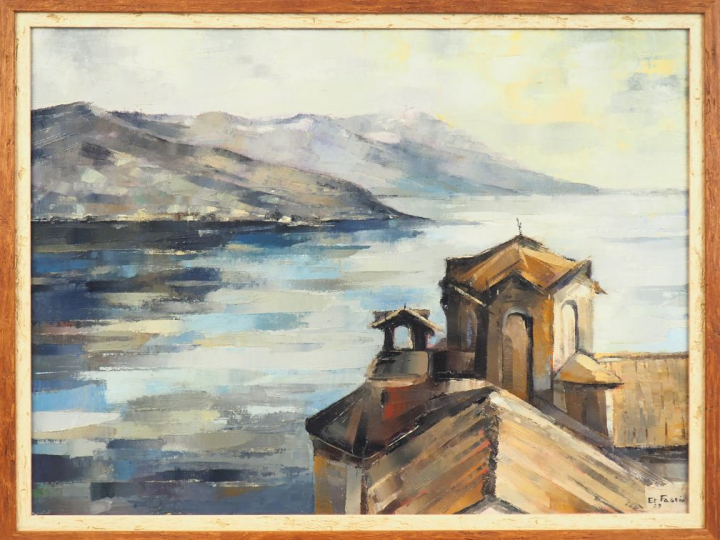 FASSIO. "Lac d'Ochrid - Macédoine". Huile sur toile, signée en bas à d