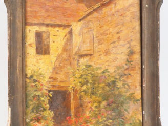 Vente aux enchères E. FLEURY. "Cour interieure". Huile sur toile, signée en bas à droite.