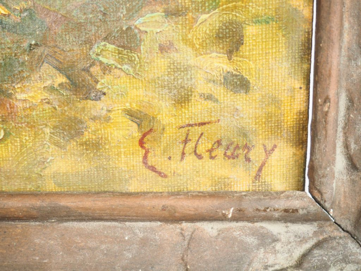 E. FLEURY. "Cour interieure". Huile sur toile, signée en bas à droite.