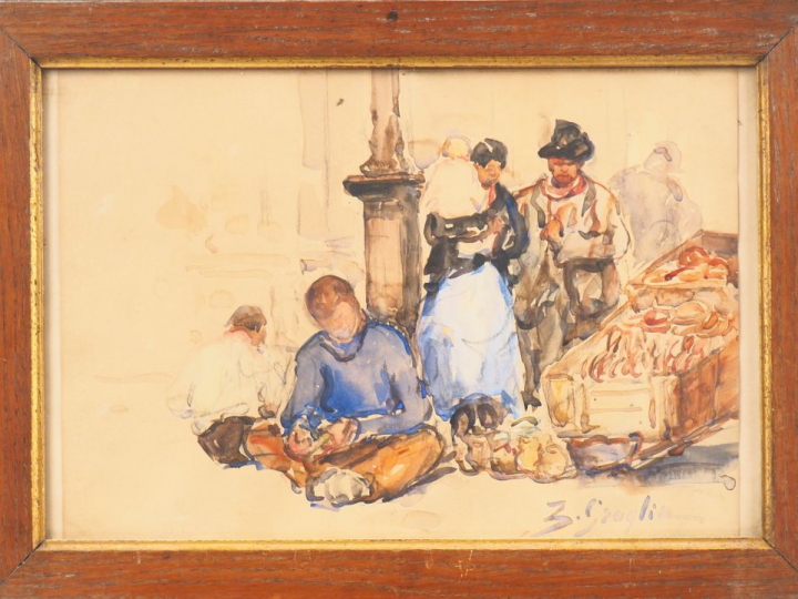 GROGLIA (?) "Scène de marché". Aquarelle signée en bas à droite. Dim. 