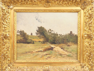 Vente aux enchères Antoine GUILLEMET. "Paysage animé". Huile sur panneau, signée en bas à
