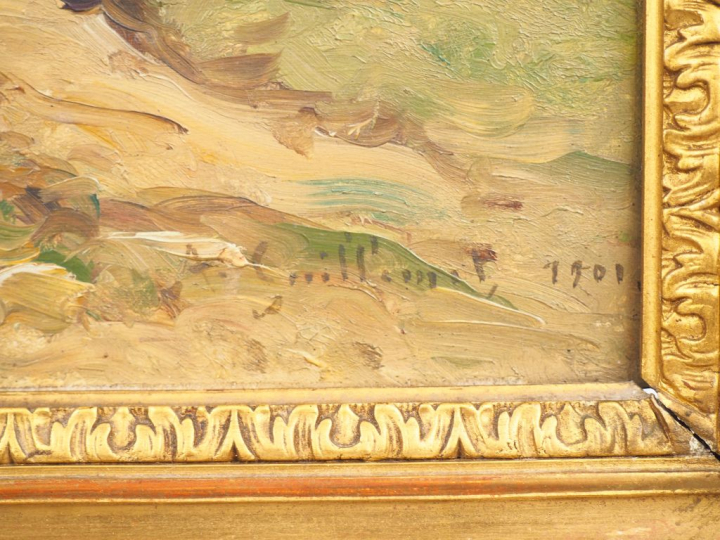 Antoine GUILLEMET. "Paysage animé". Huile sur panneau, signée en bas à