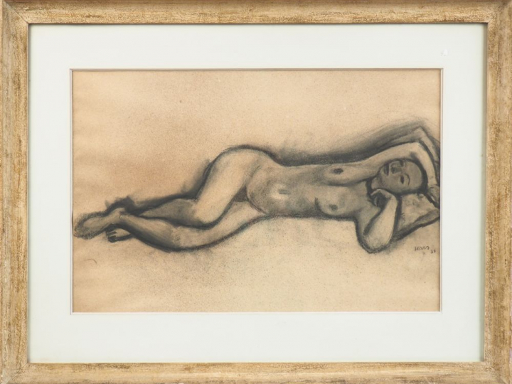 Georges KARS. "Nu allongé". Dessin au fusain, signé en bas à droite et