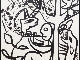 Vente aux enchères KOKIAN. "Le joueur de flûte". Huile sur toile, signée en bas à droite.