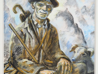 Vente aux enchères René Gaston LAGORRE. "Berger et son chien". Aquarelle, signée en bas à