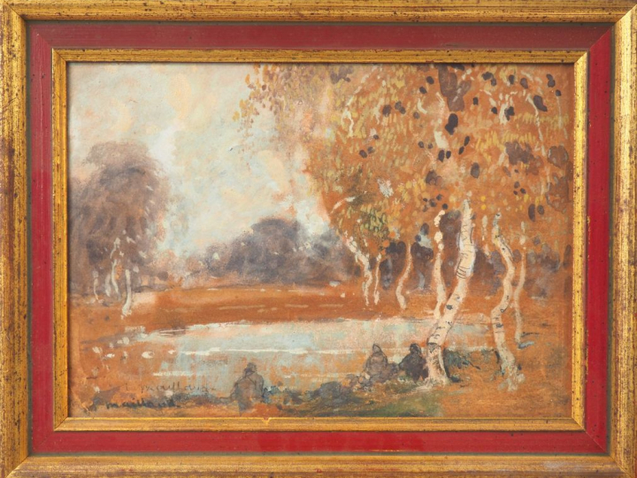 Fernand MAILLAUD. "Personnages près d'un lac". Gouache sur carton, sig