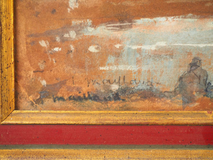 Fernand MAILLAUD. "Personnages près d'un lac". Gouache sur carton, sig