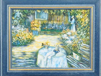 Vente aux enchères MARCONI. "Le parc fleuri". Huile sur toile, signée en bas à droite. Di