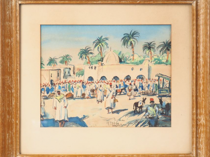 MARROT. "Le souk à Biskra". Aquarelle, signée, située et datée 19/3/50