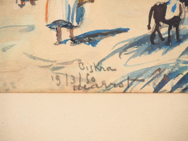 MARROT. "Le souk à Biskra". Aquarelle, signée, située et datée 19/3/50