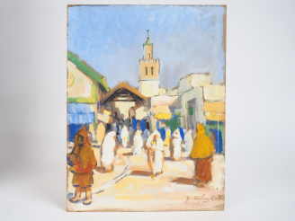 Vente aux enchères Gaëtan MIFSUD. "Village d'Afrique du nord". Huile sur carton, signée e