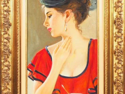 Vladimir PETROV. "Elegante au café". Huile sur toile, signée en bas à 