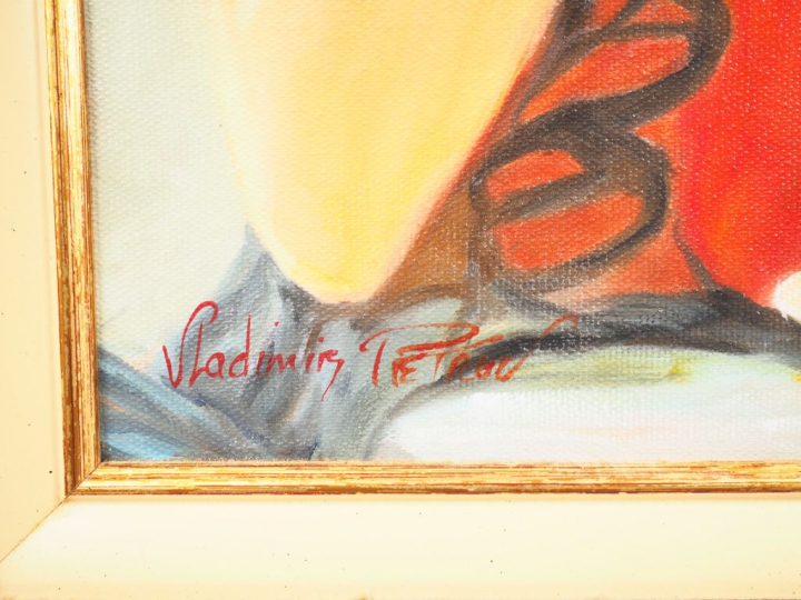 Vladimir PETROV. "Elegante au café". Huile sur toile, signée en bas à 