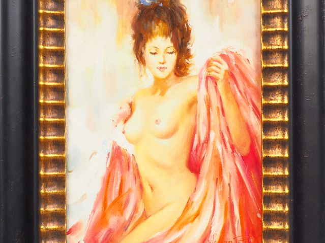 Vladimir PETROV. "Jeune fille dénudée". Huile sur toile, signée en bas
