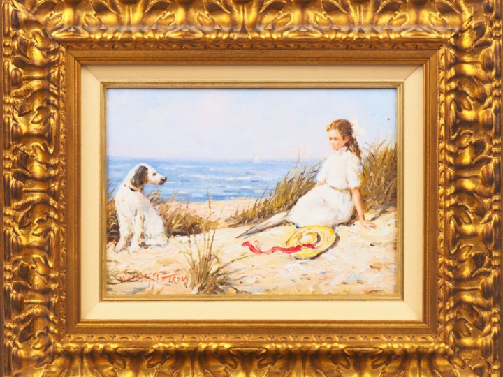 Vladimir PETROV. "Fillette et son chien en bord de plage". Huile sur t