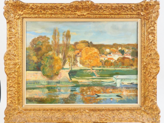 Vente aux enchères André PLANSON. "Les bords de Seine". Huile sur toile, signée en bas à 