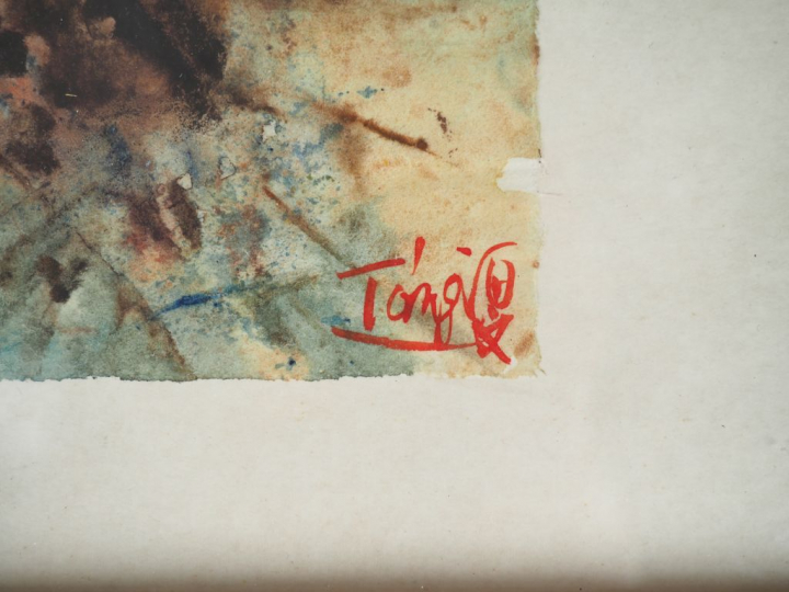 T'ANG HAYWEN. "Composition polychrome". Aquarelle, signée en bas à dro