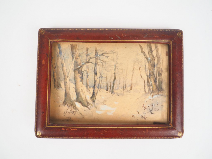 Petite aquarelle XXème.  "Sous-bois". Dim. 10 x 15 cm.