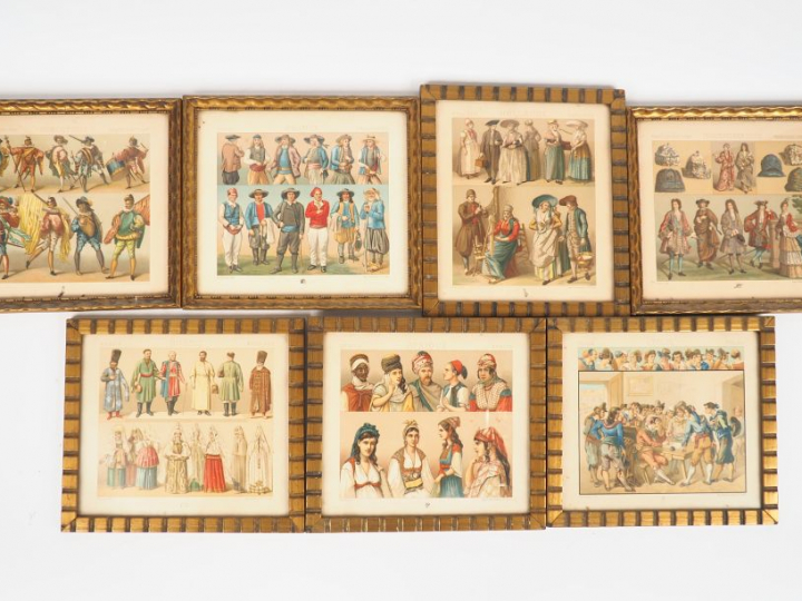 7 lithographies encadrées, "personnages du monde en tenues traditionne