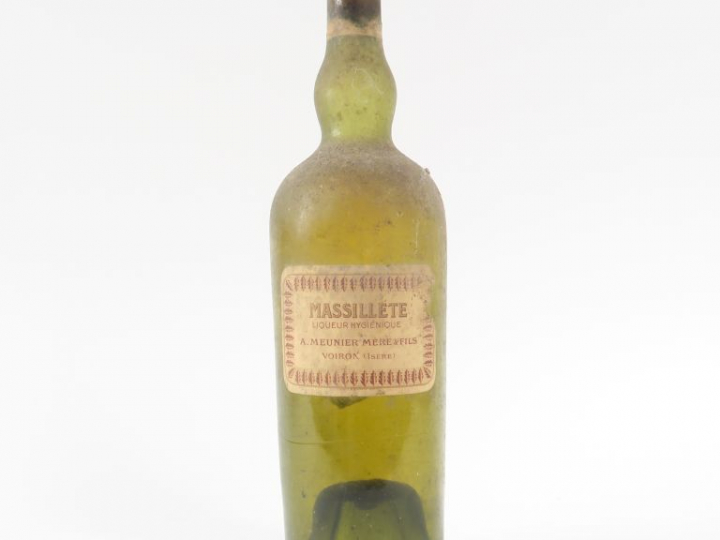 1 TRÈS VIEILLE BOUTEILLE LIQUEUR HYGIÉNIQUE 'MASSILLETE' A. MEUNIER MÈ