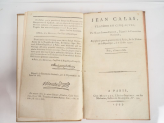 Vente aux enchères CHÉNIER (M.-J.). JEAN CALAS, tragédie en cinq actes. Paris, Moutard, 1