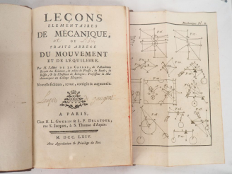Vente aux enchères LACAILLE (N.-L. de). LEÇONS ÉLÉMENTAIRES DE MÉCANIQUE, ou Traité abrég