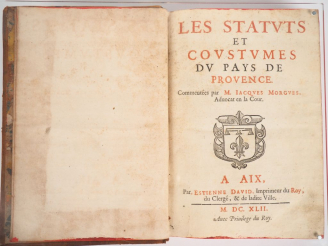 Vente aux enchères MORGUES [ou MOURGUES] (Jacques). LES STATUTS ET COUSTUMES DU PAYS DE P