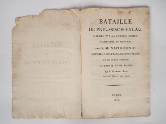 Vente aux enchères [NAPOLÉON (1er)]. BATAILLE DE PREUSSISCH-EYLAU, gagnée par la Grande-A