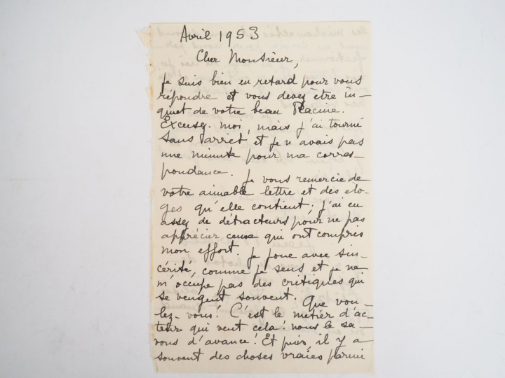 MARAIS (Jean) (1913-1998). LETTRE AUTOGRAPHE SIGNÉE. Avril 1953. Une p