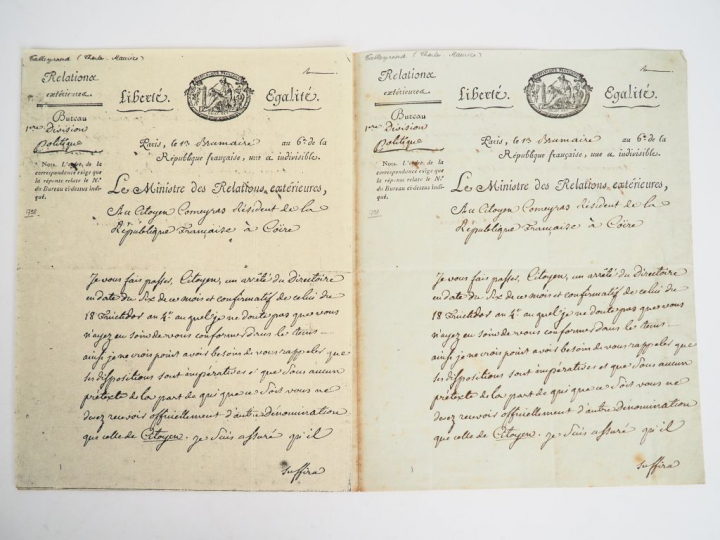 TALLEYRAND (Charles-Maurice). ARRÊTÉ DU MINISTÈRE DES RELATIONS EXTÉRI