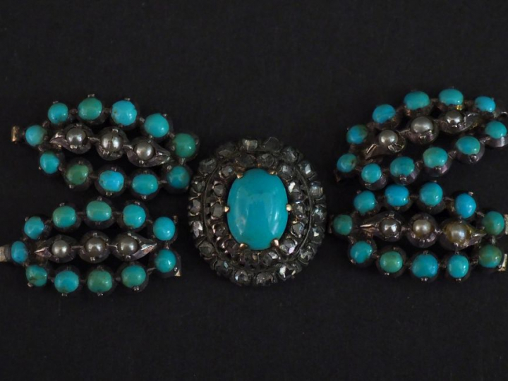 Eléments de bracelet Napoléon III en argent, turquoises, perles et dia