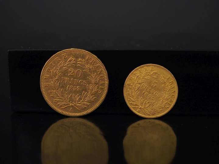 1 Pièce de 20 Francs or 1853 A 1 Pièce de 5 Francs or 1863 - BB   