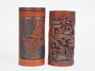 Vente aux enchères Porte-pinceaux cylindriques en bambou décor de pavillons arborés parmi