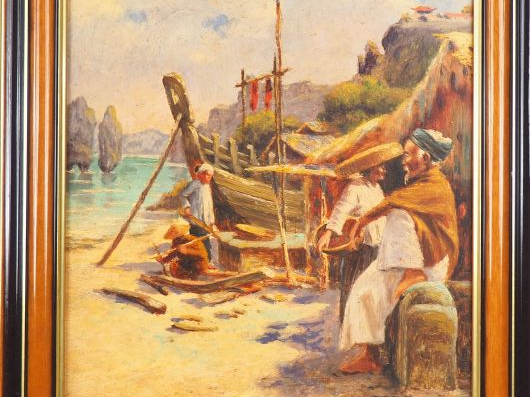 Albert CEZARD. "Pêcheurs sur les bords de la baie d'Halong". Huile sur