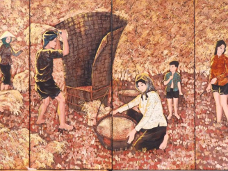 Vente aux enchères Vietnam, seconde moitié XXe siècle, Important panneau en laque polychr