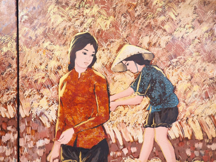 Vietnam, seconde moitié XXe siècle, Important panneau en laque polychr