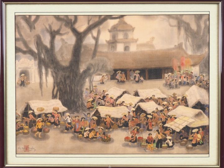 NGUYEN NGHIA DUYEN. "Marché sur la place du village". Encre et couleur
