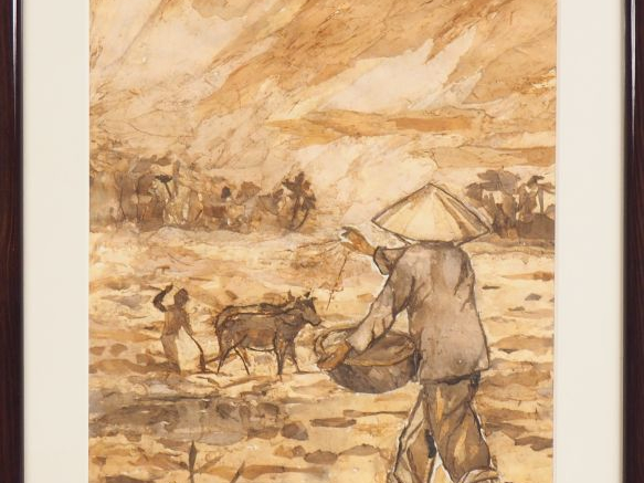 A. LINH (?) Vietnam, XXe  "paysans dans les rizières" Technique mixte.