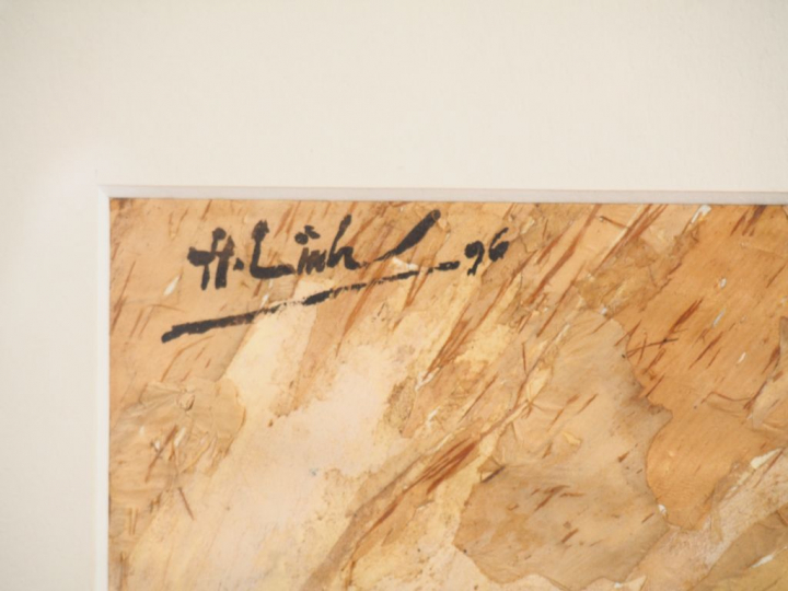 A. LINH (?) Vietnam, XXe  "paysans dans les rizières" Technique mixte.