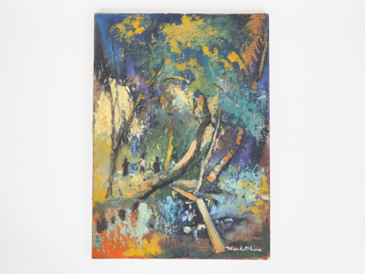 Vietnam XXe siècle, Huile sur toile « Promenade en forêt » Signée en b