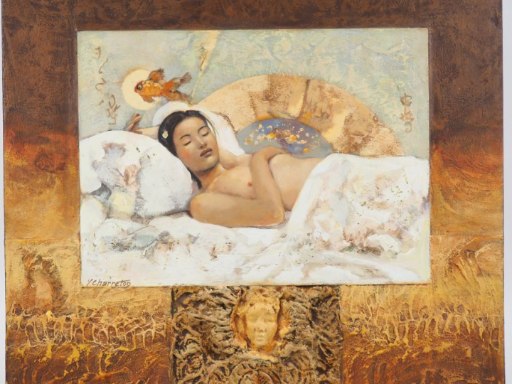 G. CHARRETON. "Odalisque extrême orientale". Technique mixte signée en