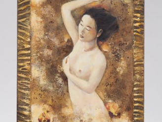 Vente aux enchères G. CHARRETON. "La belle endormie". Technique mixte signée au dos. Dim.