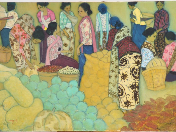 Nasjah DJAMIN. "Jeunes femmes au marché" Huile sur toile, signée en ba