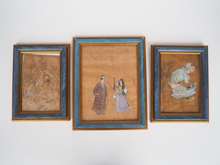 3 miniature persanes, "personnages buvant sous un arbre", "artiste exé